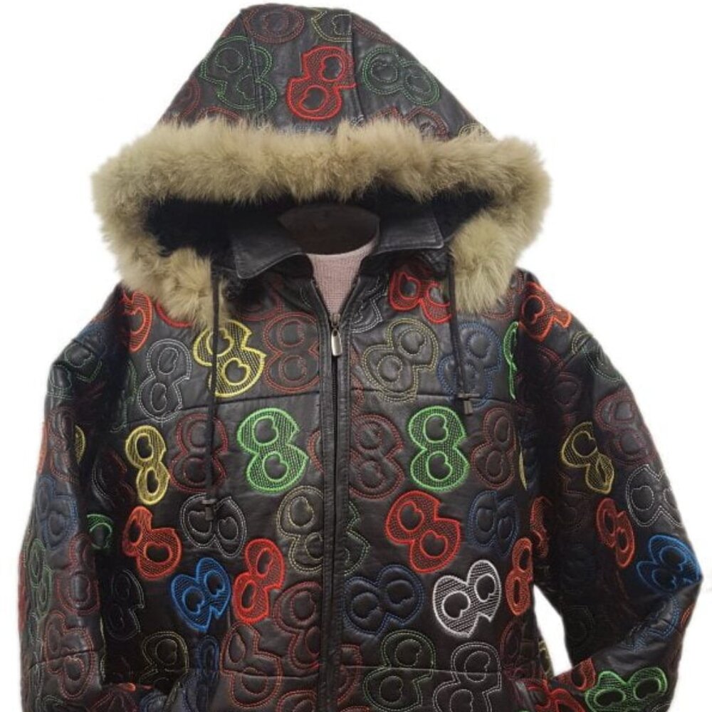 Men’s Gangsta 8 Embroidery Soft Leather Classic Jacket with Faux Fur Hood (BIG A